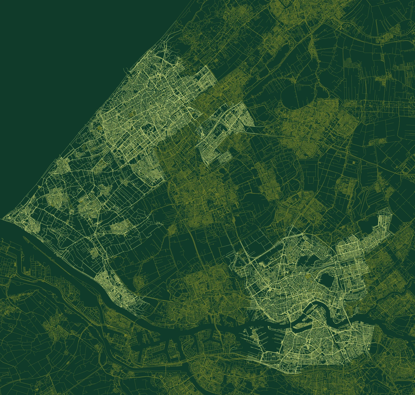 Wegenkaart van Zuid-Holland met het Westland, Den Haag, Maassluis en Rotterdam uitgelicht